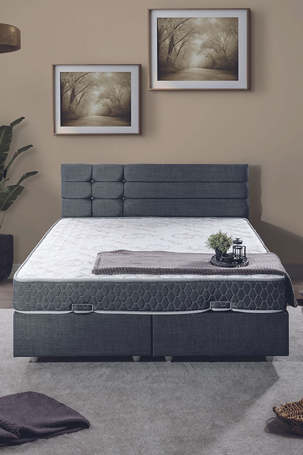 Viyana Çift Kişilik Baza Başlık Letto Yatak Seti Antrasit