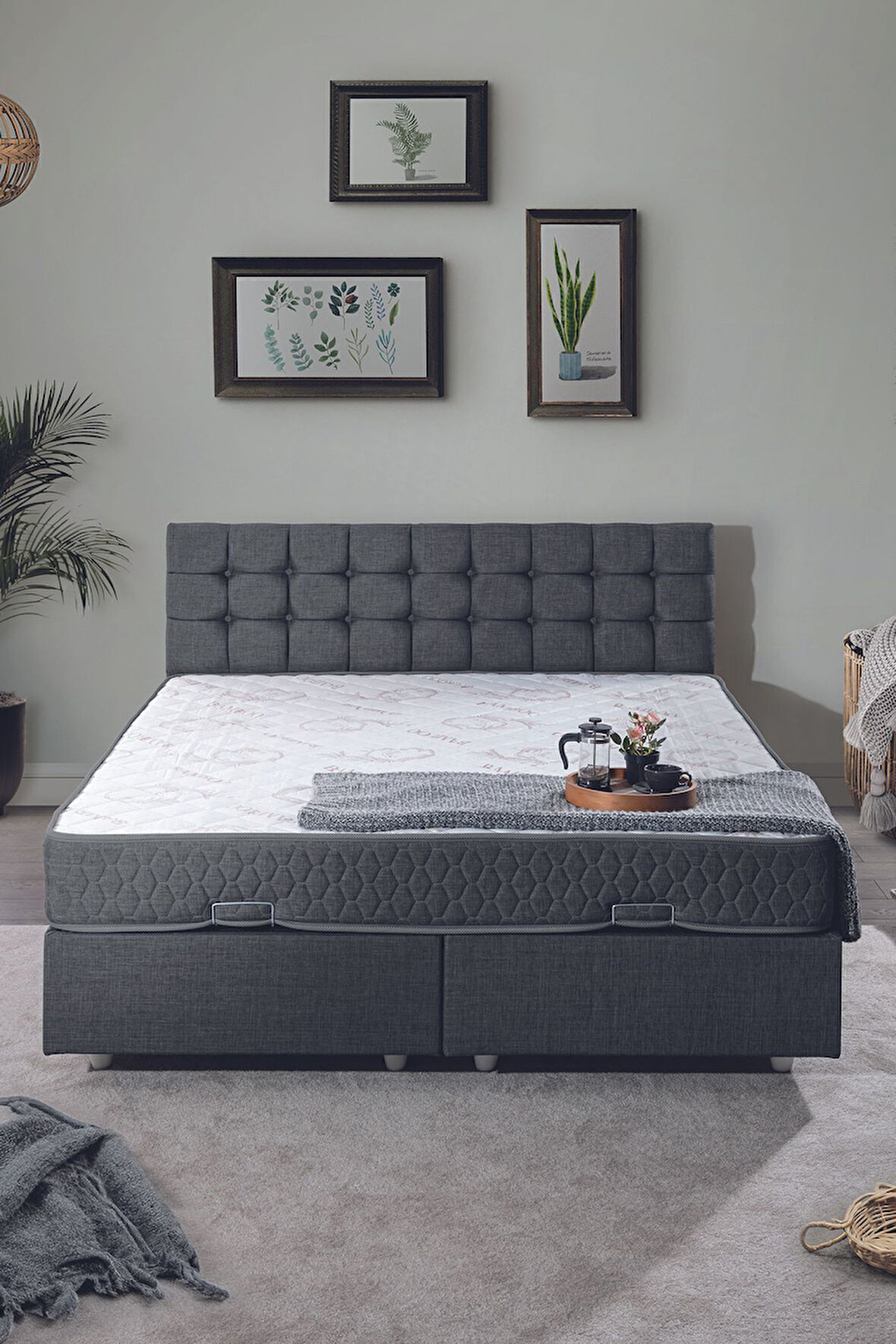 Venedik Çift Kişilik Baza Başlık Letto Yatak Seti Antrasit