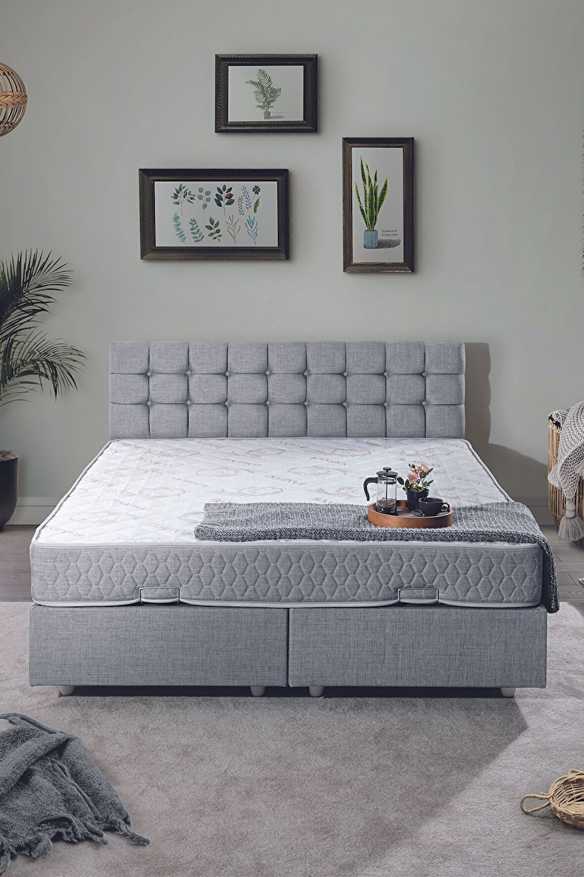 Venedik Çift Kişilik Baza Başlık Letto Yatak Seti Açık Gri