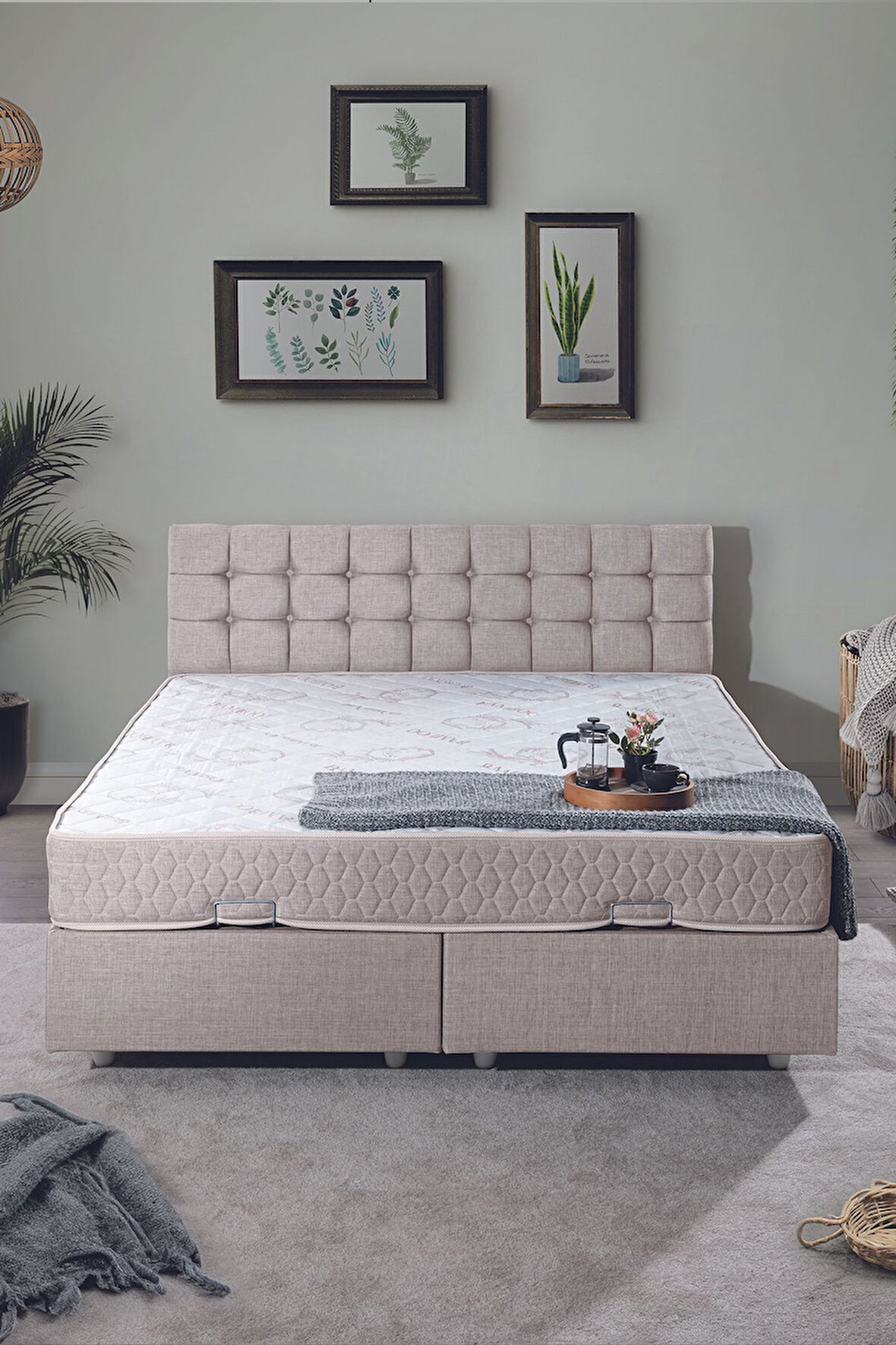 Venedik Çift Kişilik Baza Başlık Letto Yatak Seti Krem