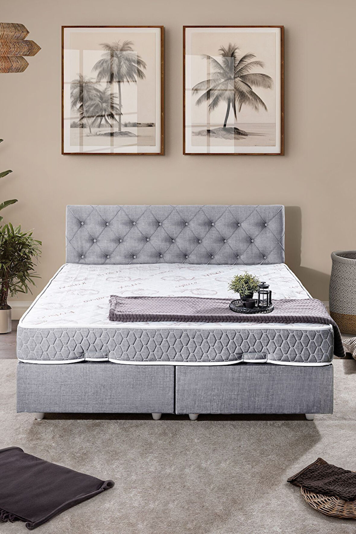 Eylül Çift Kişilik Baza Başlık Letto Yatak Seti Açık Gri