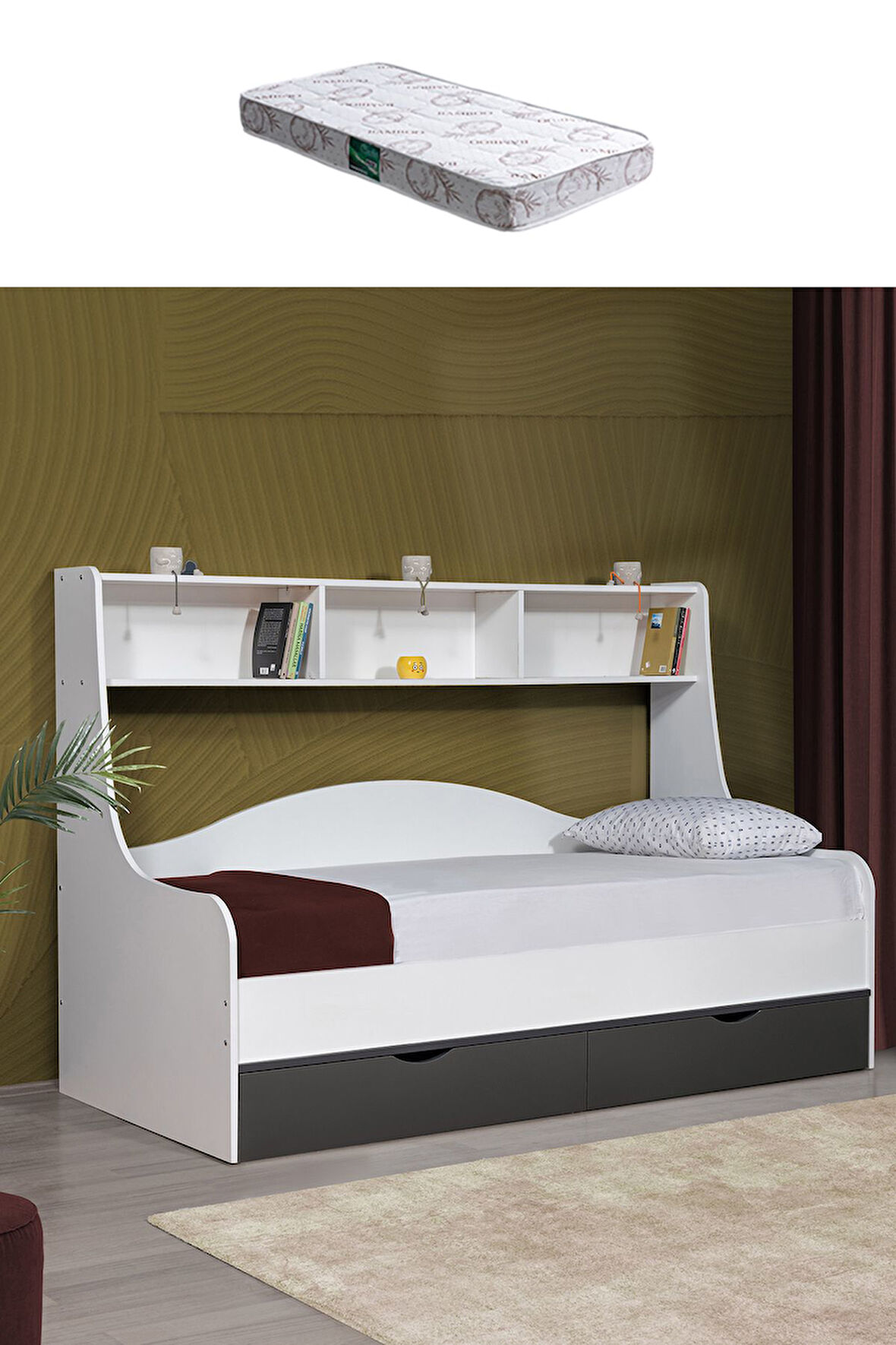 Karyola, Hera Çekmeceli Karyola Beyaz Gri + 1 Adet Comfort Yatak