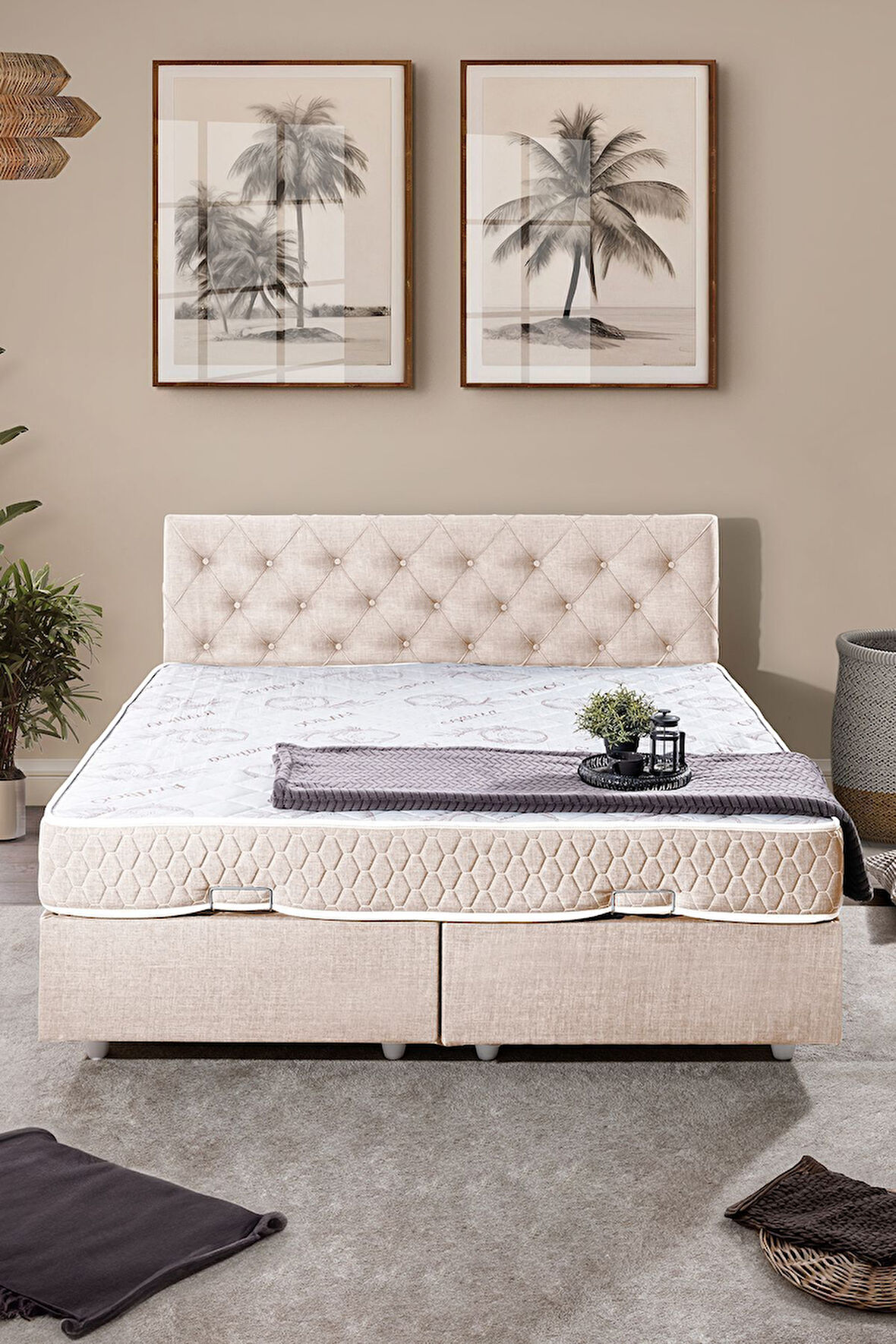 Eylül Çift Kişilik Baza Başlık Letto Yatak Seti, Krem