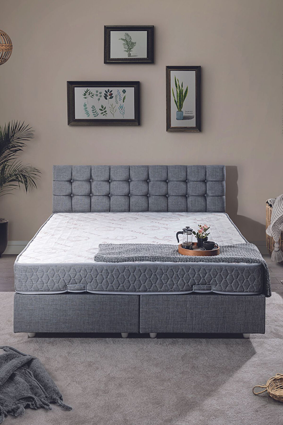 Venedik Çift Kişilik Baza Başlık Letto Yatak Seti Gri