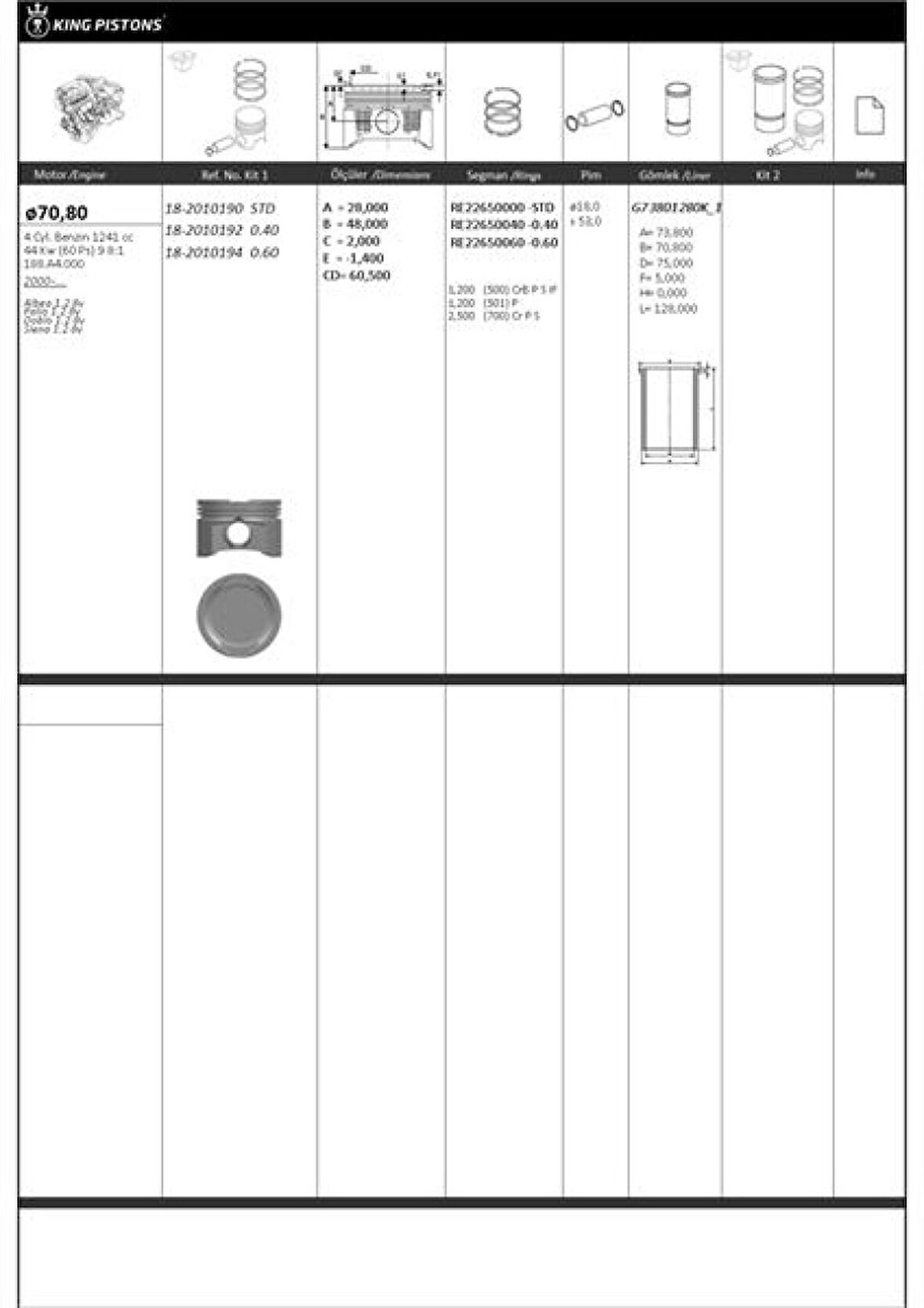 Fiat Piston + Segman 70.8mm +0.60mm ( Riken Segmanlı ) Albea 1.2 8v*palıo 1.2 8v*doblo 1.2 8v*siena 1.2 8 - Kingpiston 18-2010194