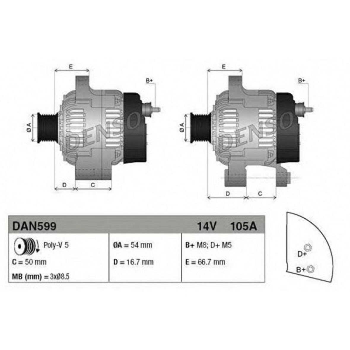 Fiat Alternator Bravo Linea Doblo 1,4 08> Albea 01> 09 Punto 99> 10 Grande Punto 05> 500 5 - Denso Dan599
