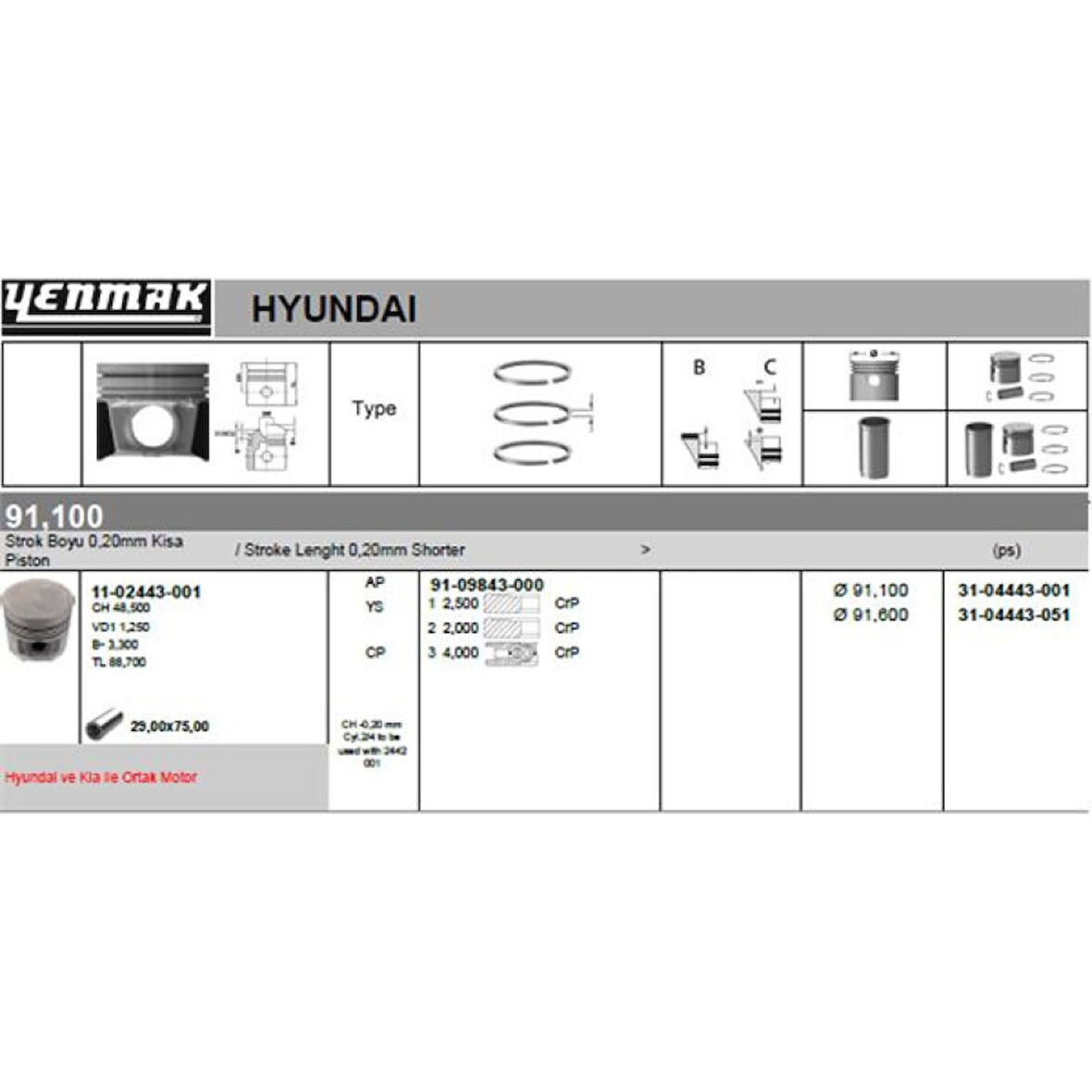 Kia Motor Piston Segman 050 Starex Tci 2001-> Kia K2500 Tci 2004-> (2-4 Siralı Piston) D4bh Motor 0,20 M - Yenmak 31-04443-051