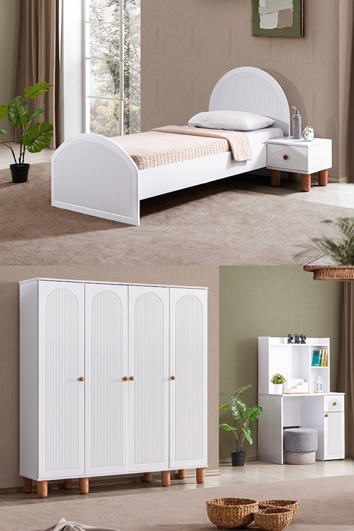 Bohem Genç Odası - 4 Kapaklı Dolap, Karyola, Komodin, Masa
