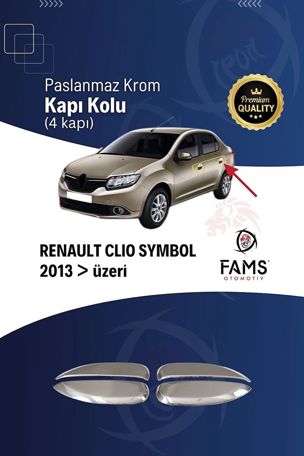 Renault Clio 4 Symbol Uyumlu Krom Kapı Kolu 4 Kapı 2012-2019 Ve Üzeri Paslanmaz Çelik