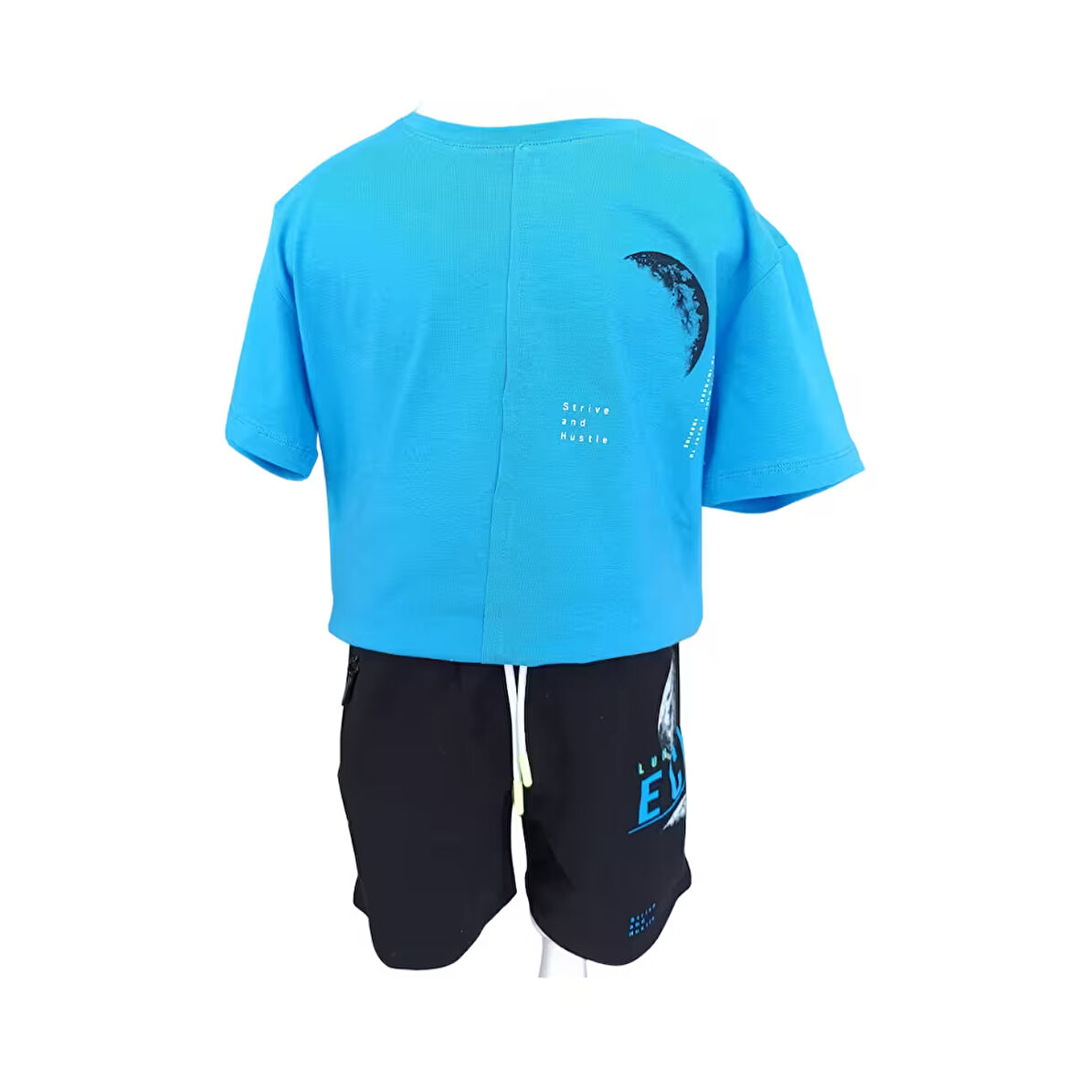 Erkek Çocuk İkili Takım Dark Night Eclipse Baskılı T-Shirt Bağcıklı Lastikli Baskılı Siyah Şort