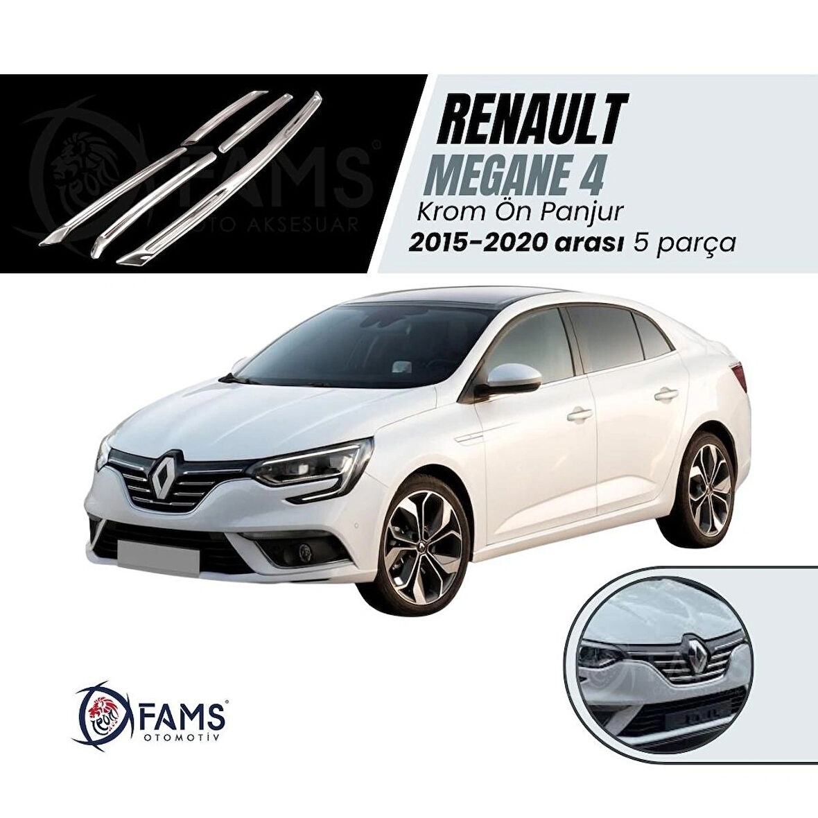 Renault Megane 4 Krom Ön Panjur 5 Prç. 2015-2020 Üzerip. Çelik Uyumlu