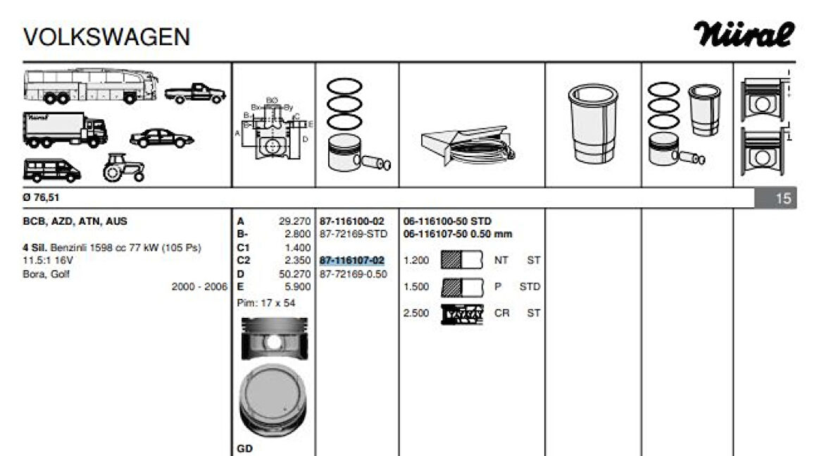 Vag Piston+segman (77,01mm 0,50) Golf IV Bora Toledo II Leon 1,6 16v 105ps Bcb Azd Aus Atn 00>06 - Goetze 8772169050000g