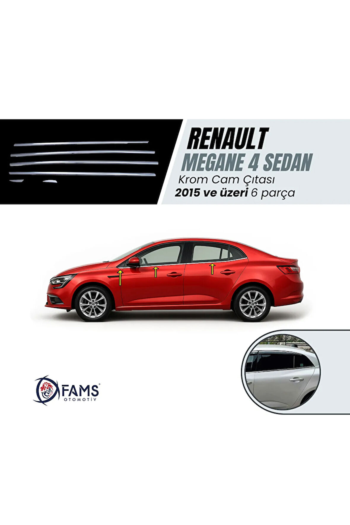Renault Megane 4 Sedan Uyumlu Krom Cam Çıtası 6 Parça 2015 Ve Üzeri Paslanmaz Çelik