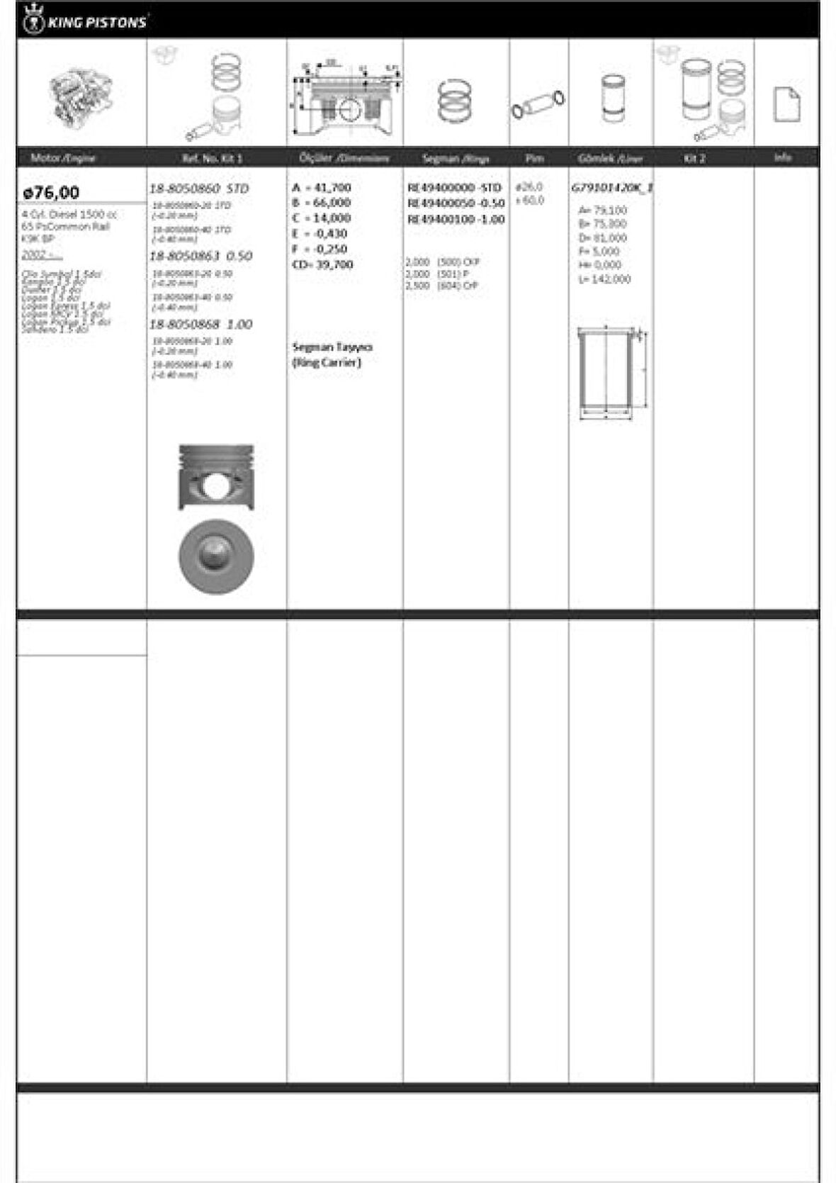 Renault Motor Piston+segman Clio Kangoo (pim Capı 26mm) (1.5 DCI K9k Bp) [(76.00mm Std (+0.50mm)] - Kingpiston 18-8050860
