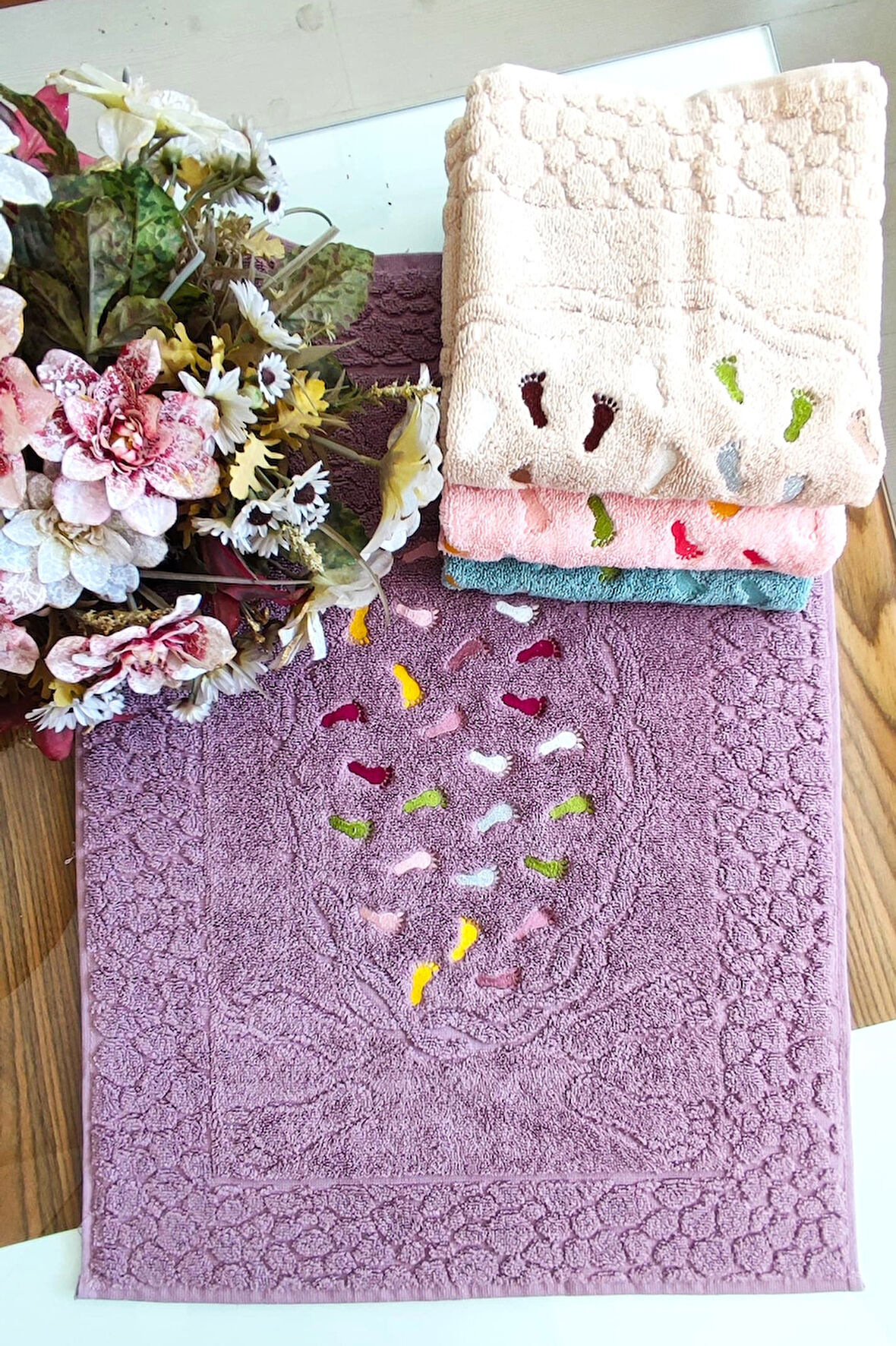 Annem (4.lü Set) 50x70cm. Çeyizlik %100 Pamuk Lüks Nakışlı Jakarlı Ayak Havlusu