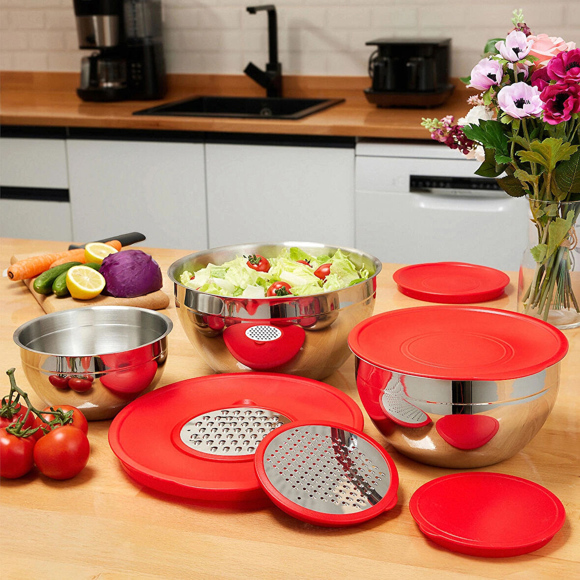 Rosso 9 Prç. Saklama Kabı Rendeli Kırmızı (16 cm , 20 cm , 24 cm)