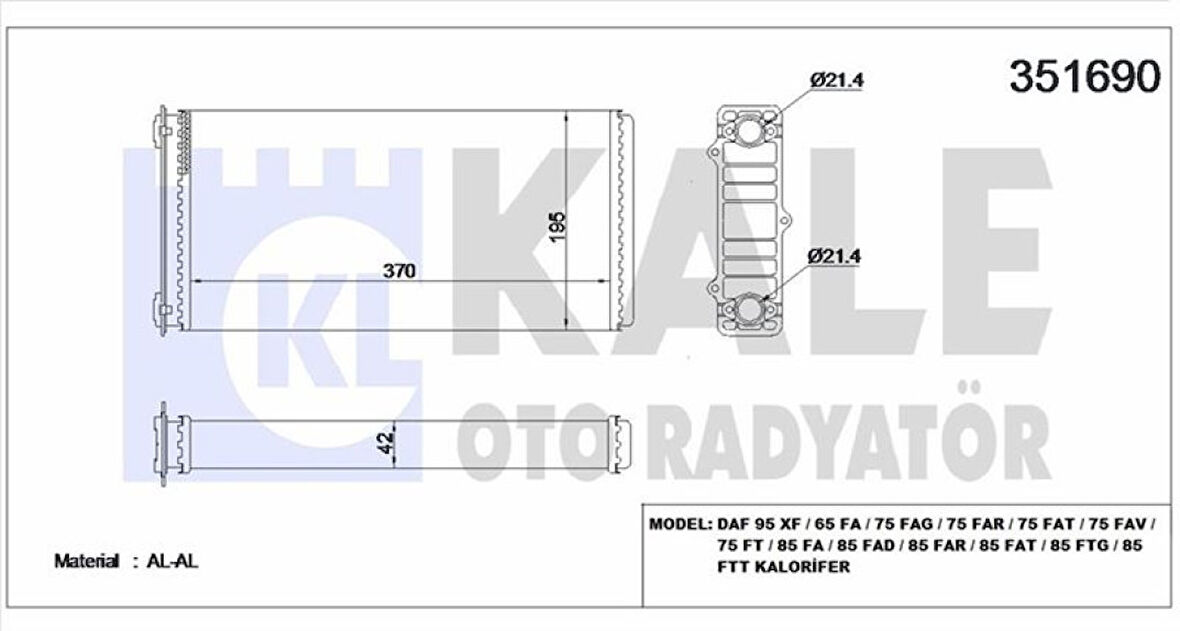 Daf Truck Kalorıfer Radyatoru Daf 95 Xf / 65 Fa / 75 Fag / 75 Far / 75 Fat / 75 Fav / 75 Ft / 85 Fa / 85 Fad / - Kale 351690