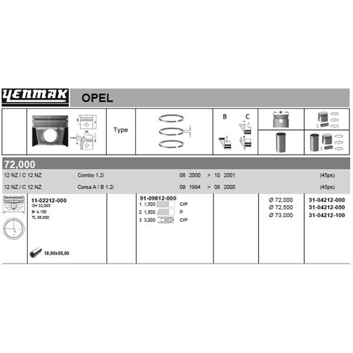 Opel Motor Piston+segman Komple 0,50 (72,5mm) Combo B Corsa B 12nz C12nz - Yenmak 31-04212-050