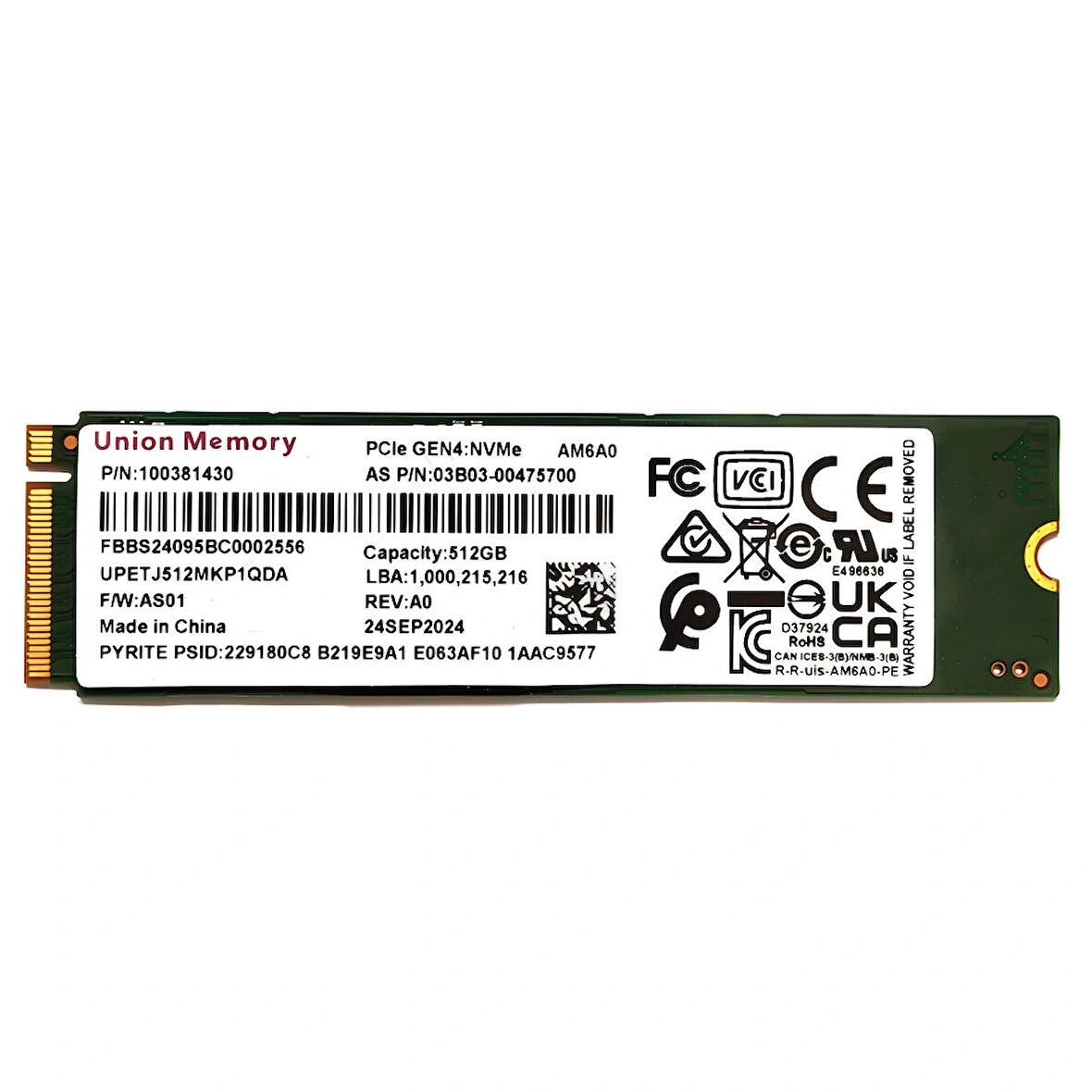 Union Memory AM6A0 512GB Pcie Gen4x4 3900-3100 MB/s 2280 m.2 NVMe SSD OEM