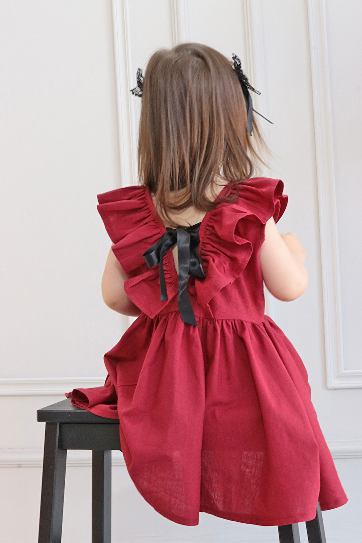 Kız Bebek Bordo Cherry Fiyonklu Fırfırlı Elbise Toka Takım