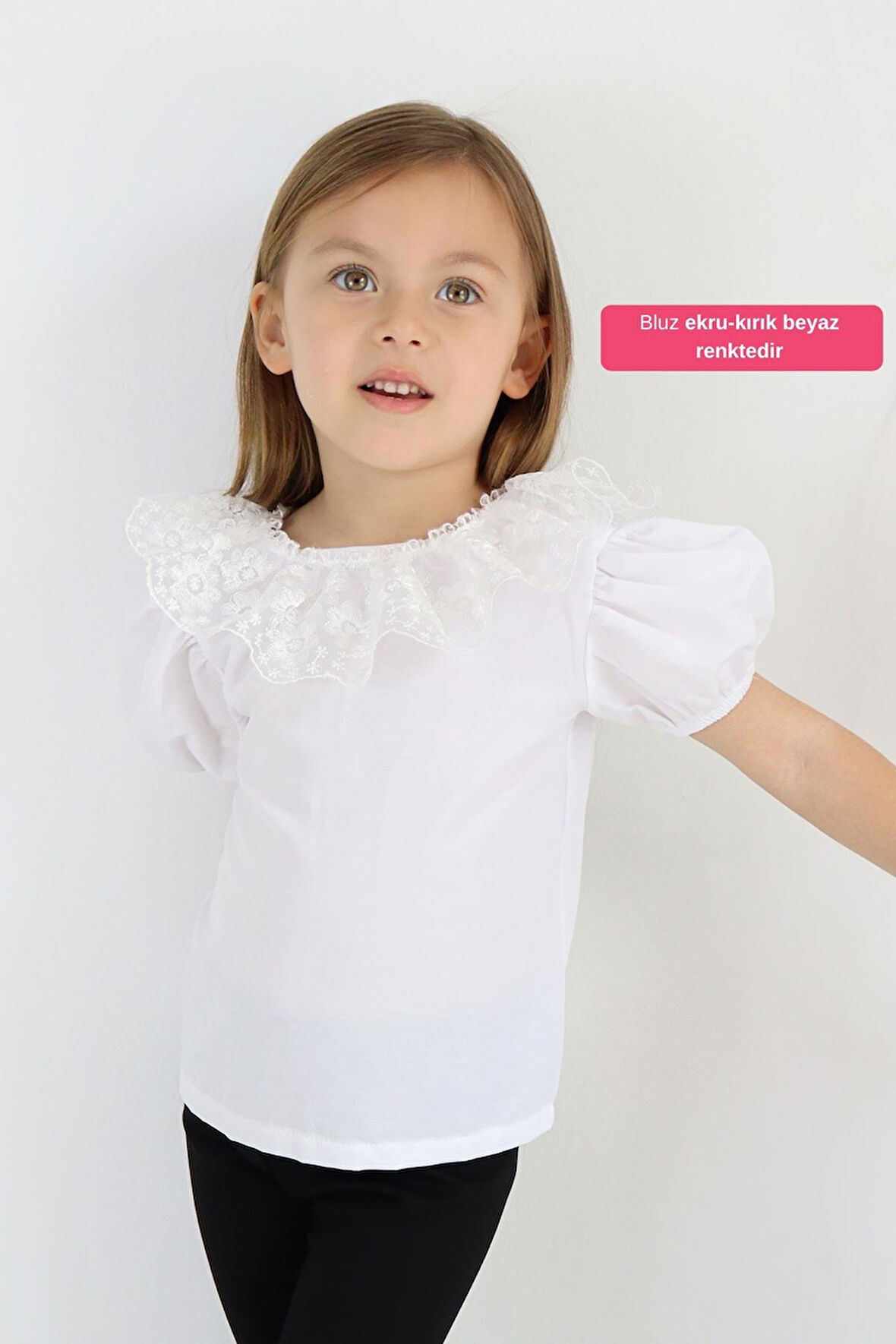 Kız Çocuk Beyaz Bisiklet Yaka Dantelli Kısa Kol Abiye Bluz Gömlek