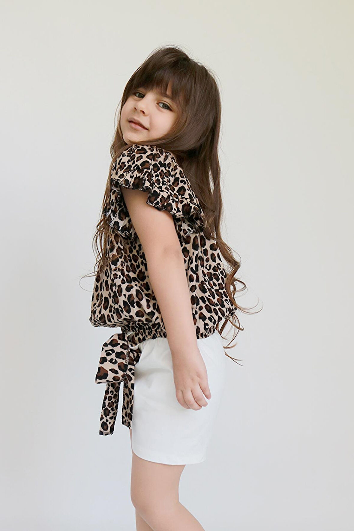 Kız Çocuk Viskon Leopar Madonna Yaka Şortlu Bandana Alt Üst Takım