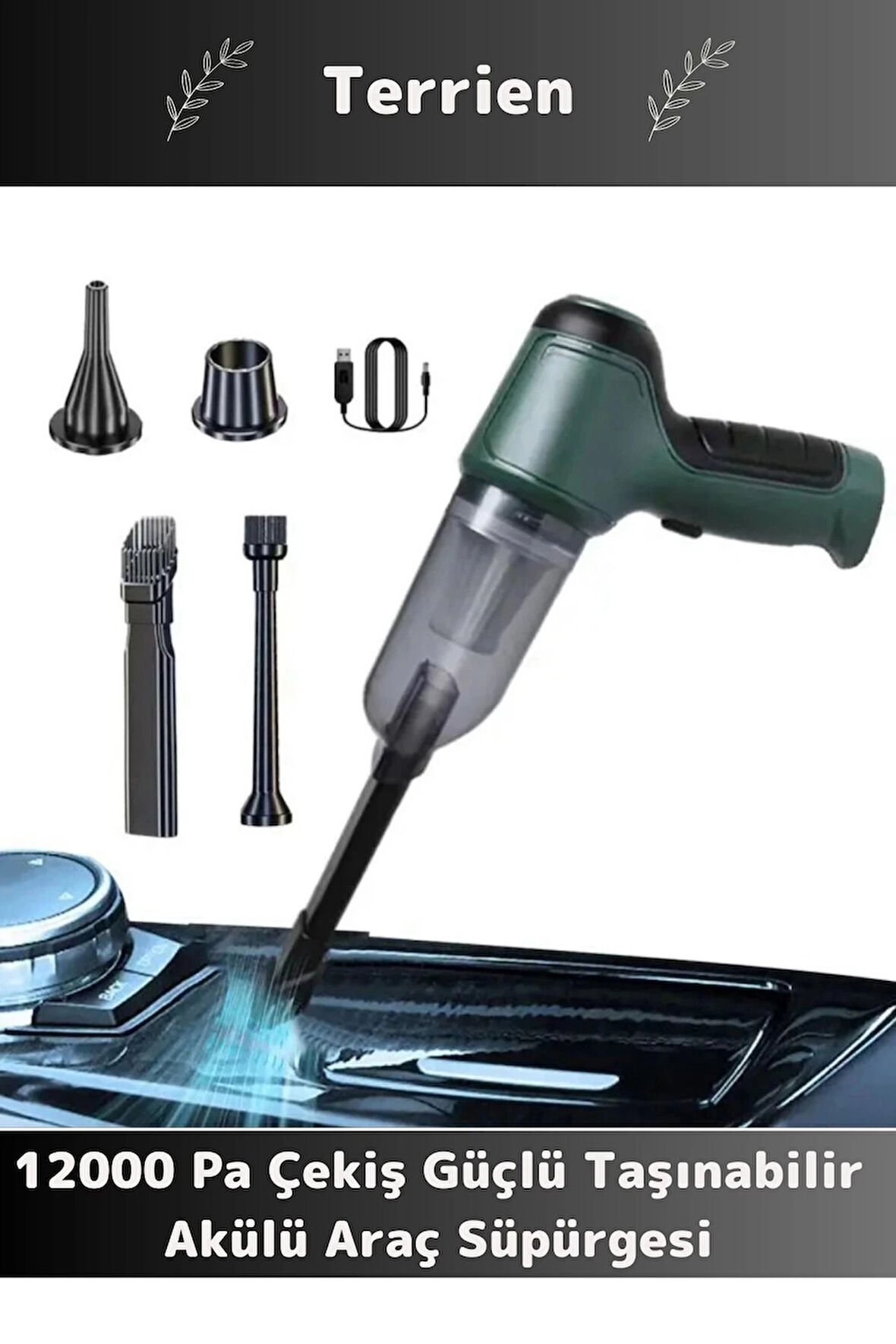 Premium 12000Pa Çekiş 2000mAh Pil Otomatik Aydınlatma Taşınabilir Akülü Araç Süpürgesi