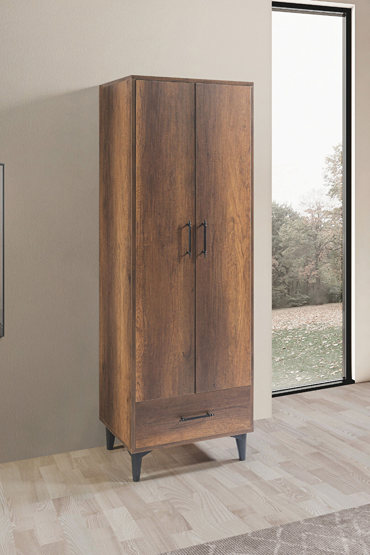 Dolap, Blesk 2 Kapaklı Çekmeceli Askılıklı Koyu Ceviz Gardırop