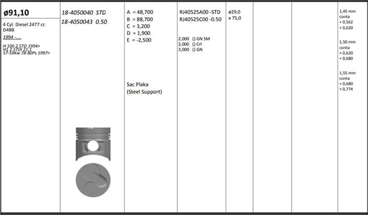 Hyundaı Ticarı Motor Piston+segmanı ( Riken )  91,10+stdmm Cap H100 2.5td H1 2.5tdi 21;1 57-59kw 78-80ps D4bb 4 Sil - Kingpiston 18-4050040