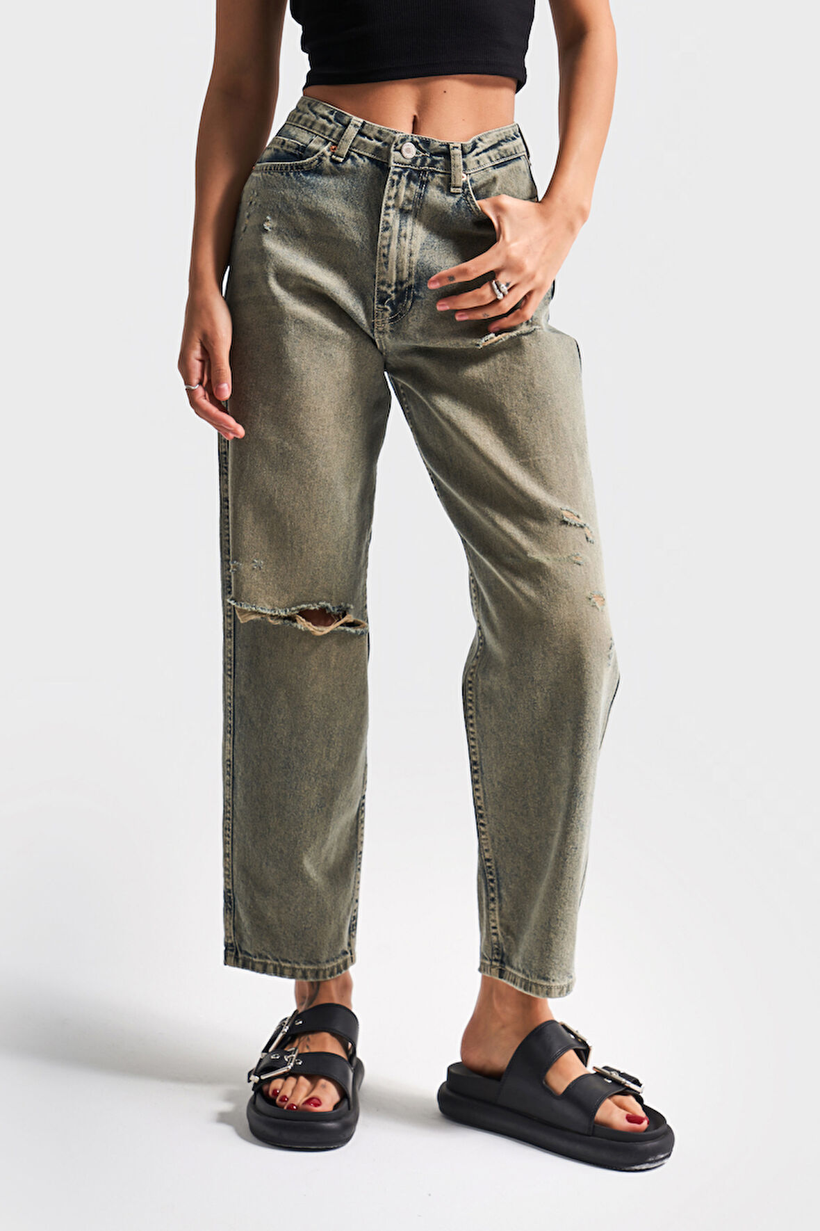 Kadın T.Kot Rengi 12s5-46 Relax Fit %100 Koton Yırtık Detaylı Denim Jean