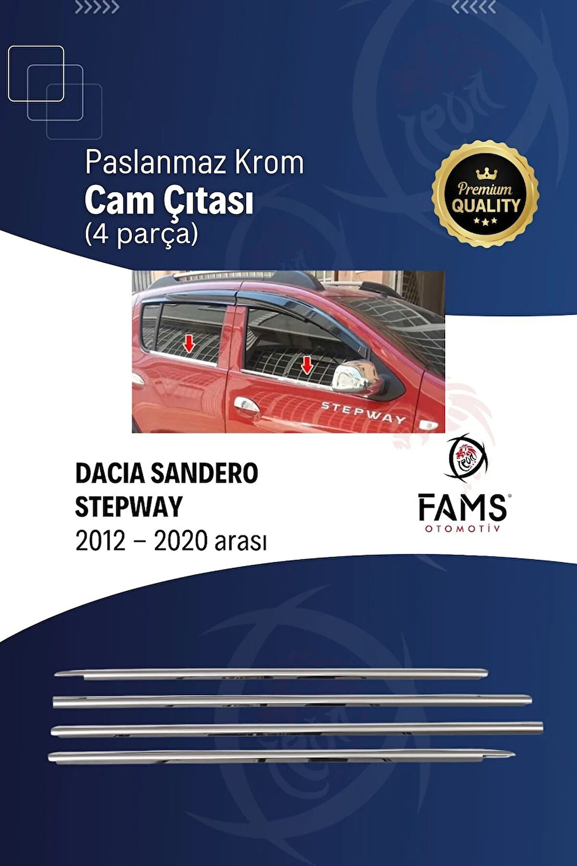 Dacia Sandero Stepway Krom Cam Çıtası Seti 4 Prç. 2012-2020 P.çelik uyumlu