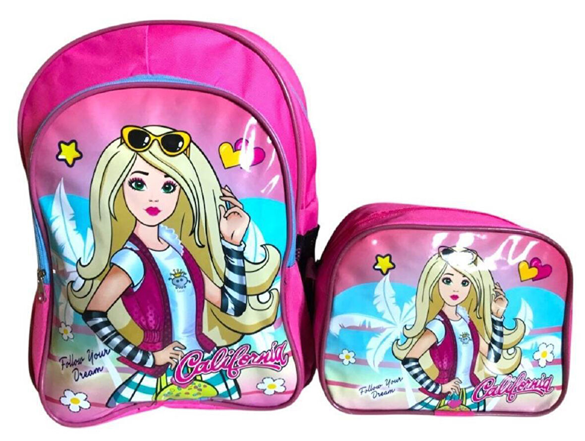 Kız Çocuk Pembe Brbi Baskılı 2 Bölmeli İlkokul Çantası Seti 