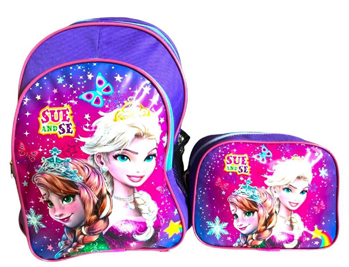 Kız Çocuk Elsa Baskılı 2 Bölmeli İlkokul Çantası Seti