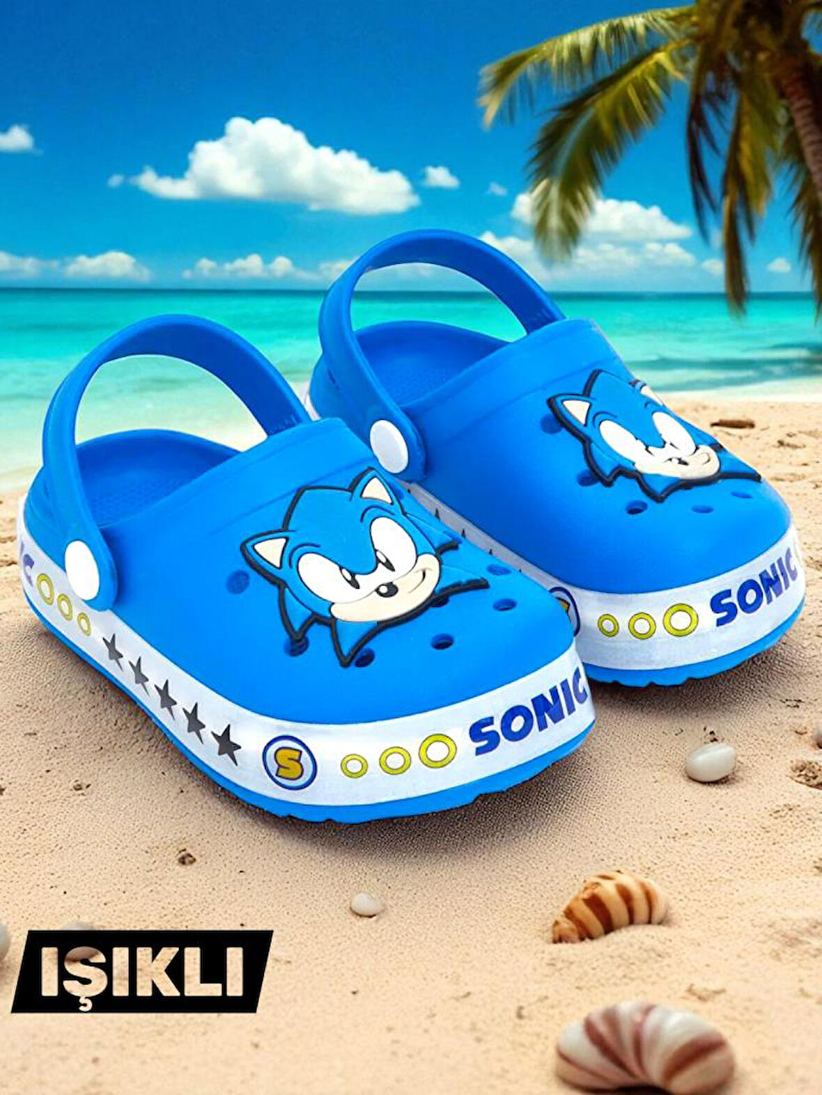 Erkek Çocuk Kaymaz Taban Sonic Figürlü Işıklı Plaj Havuz Terliği Sandaleti 