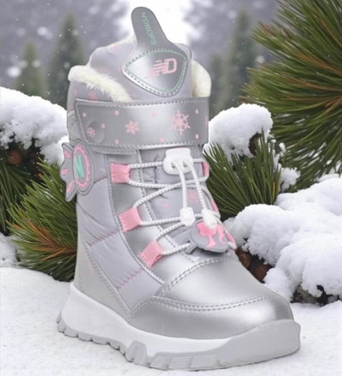 Kız Çocuk Suya Ve Soğuk Havaya Dayanıklı Kaymaz Taban Cırtlı Lacivert Pembe Kar Botu