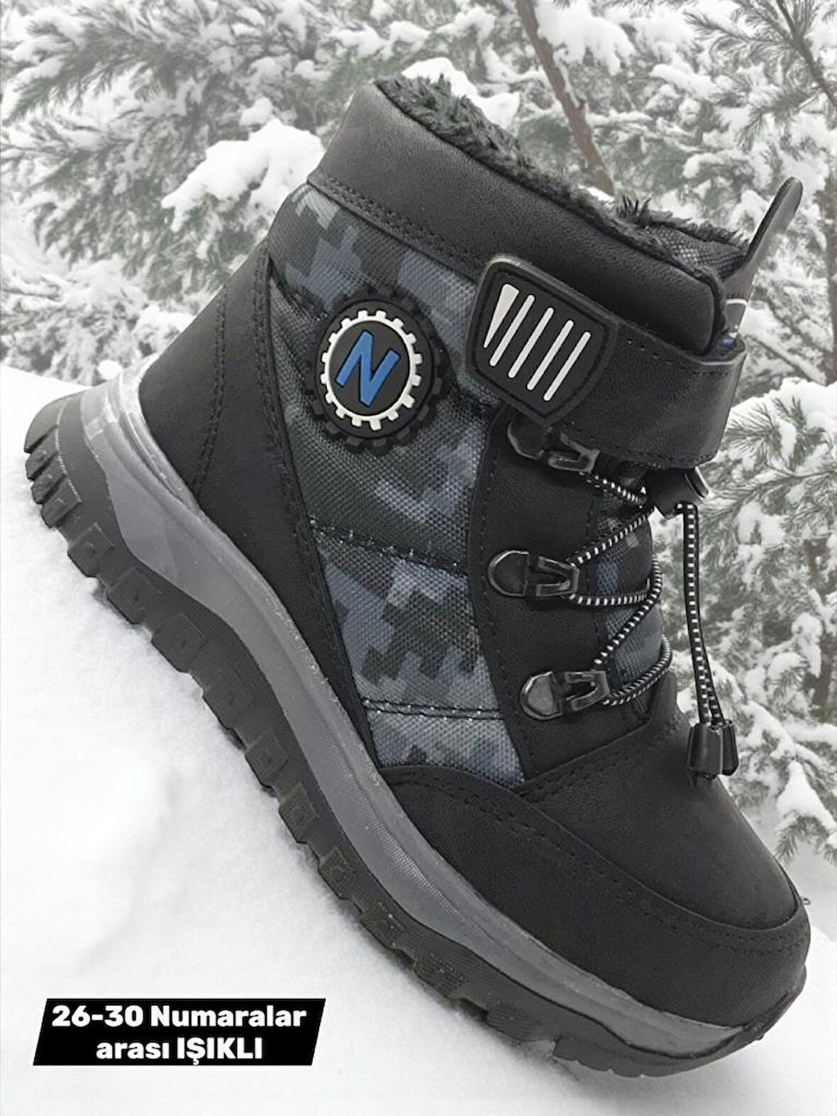 Erkek Çocuk Suya Soğuk Havaya Dayanıklı Cırtlı İçi Kürklü Siyah Kar Botu 