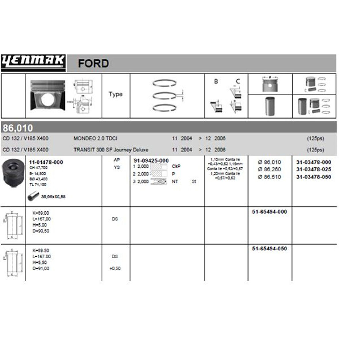 Ford Motor Piston Segman (86,00mm) / (0,50 Farklı) Transıt V184 V185  01>06 Mondeo 2,0tdci 125ps 04>06 On - Yenmak 36-03478-050