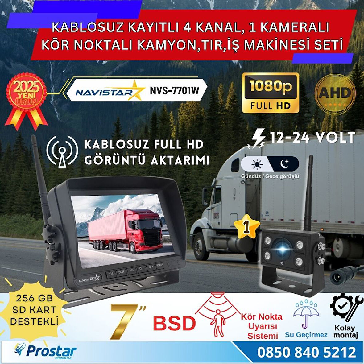 Kablosuz Kameralı 7 inç Kayıtlı Monitör Full HD BSD Kör Nokta Uyarı Sistemli Tak Kullan Kamera Seti