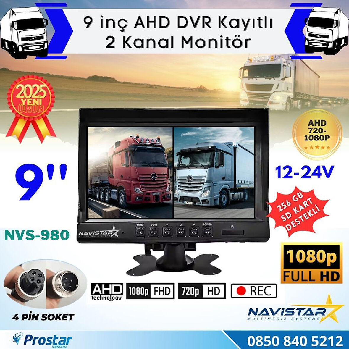 Kayıtlı 9 inç ikiye Bölen 2 Kanal Split AHD 1080P/720P destekli 4 Pin 256 GB SD Destekli Monitör
