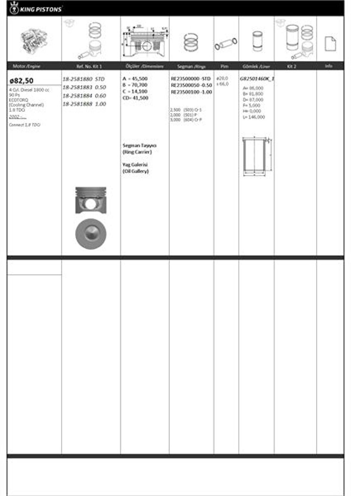 Ford Motor Piston+segmanı ( Riken )  82,50+stdmm Cap Connect 1,8 Tdci Ecotorq-(coolıng Channel)-1.8 Tdci - Kingpiston 18-2581880