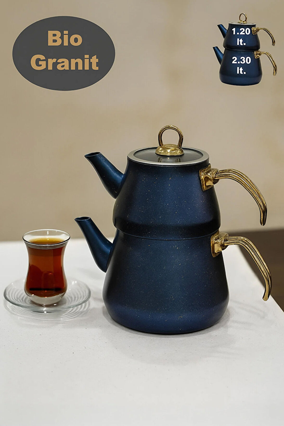 Granit Kaplama Gold Kulplu Cam Kapak Çaydanlık Mavi