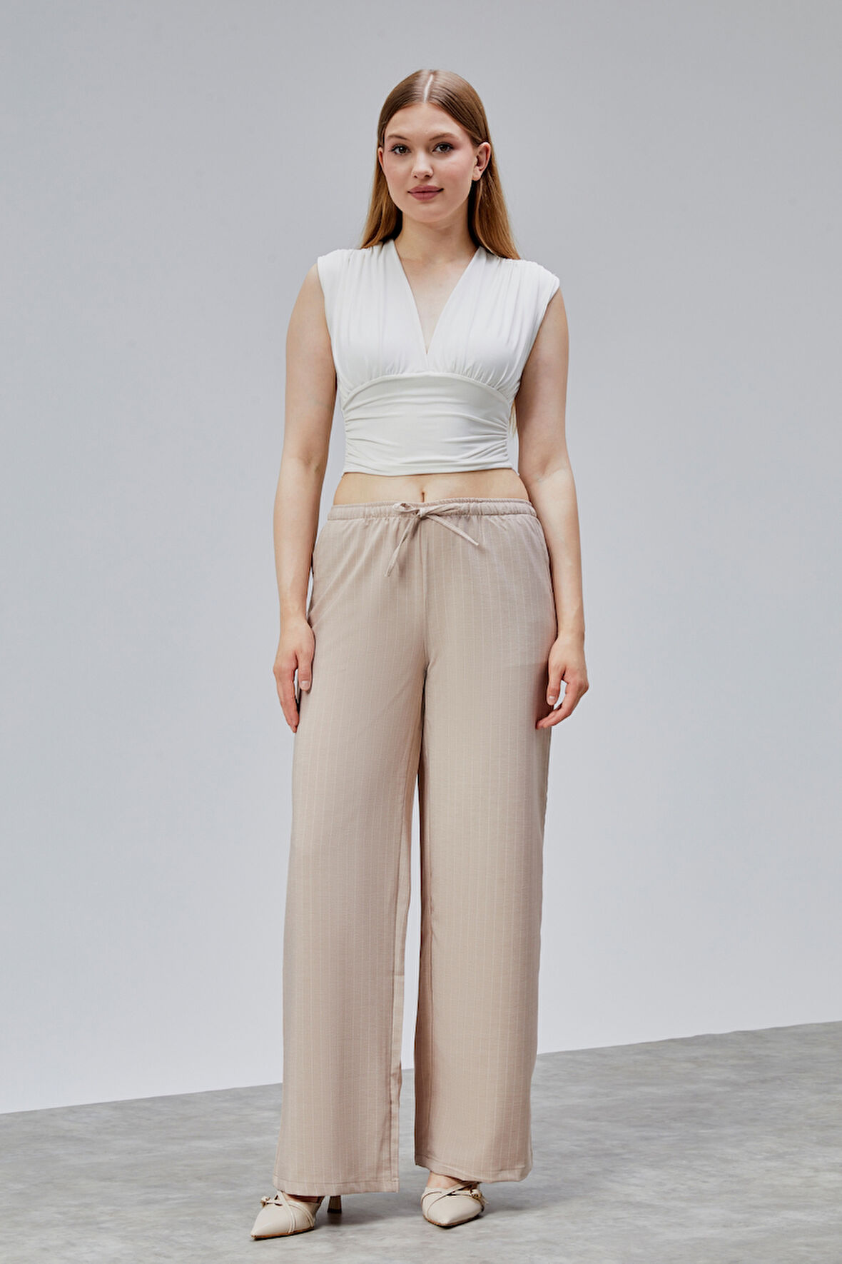 Kadın Pantolon Geniş Paça Yüksel Bel Cepli Çizgili Pantolon ÇİZGİLİ-PANTOLON