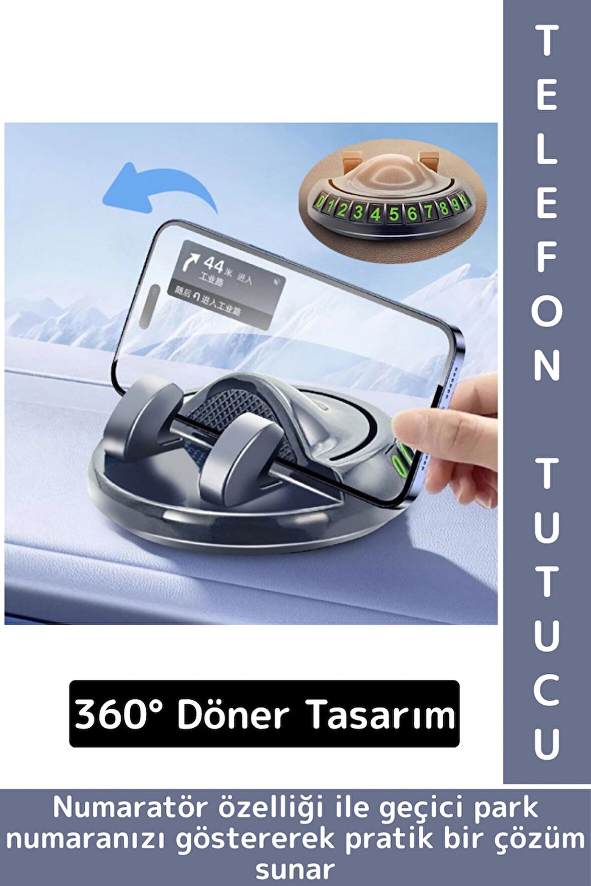 Premium Güçlü Tutuş Oto Organizer 360° Dönebilen Yapışkanlı Numaratörlü Araç İçi Telefon Tutucu
