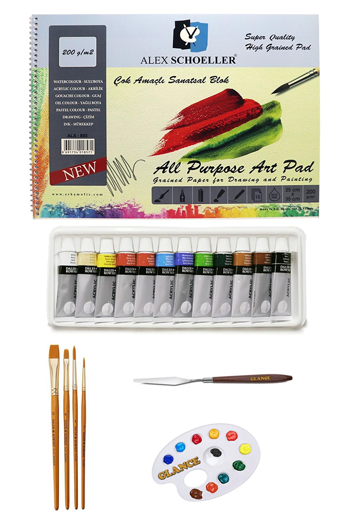 Alex Schoeller Çok Amaçlı Sanatsal Blok 200gr 25x35cm Daler Rowney Simply Akrilik Boya Seti 12x12 Ml