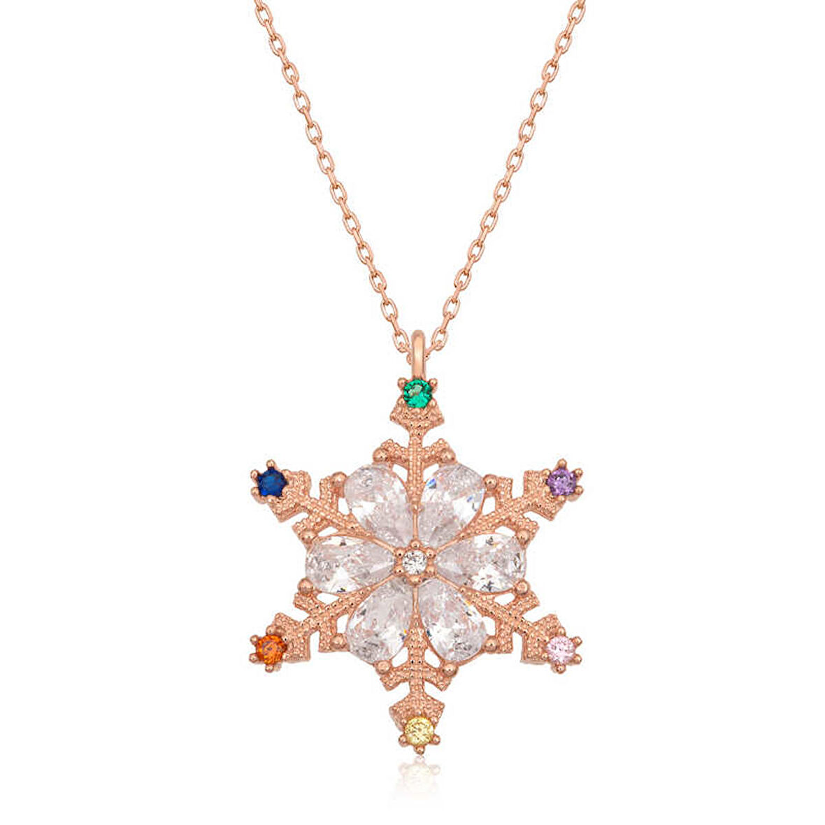 Lucky Life 925 Ayar Gumuss  Rose Renkli Taşlı Kar Tanesi Kadın Kolye