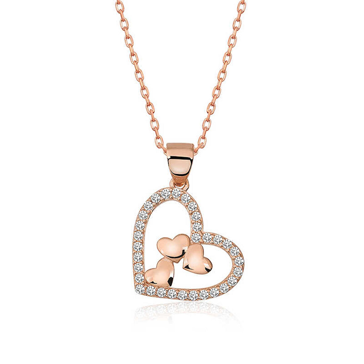 Lucky Life 925 Ayar Gumuss  Rose Kalbin İçinde Üç Kalp Kolye