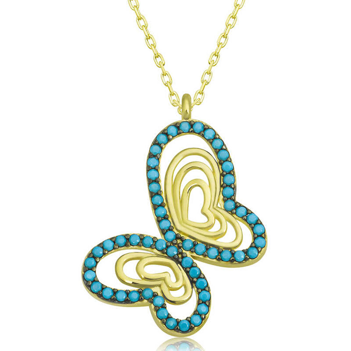 Lucky Life 925 Ayar Gumuss  Gold Turkuaz Taşlı Kelebek Kadın