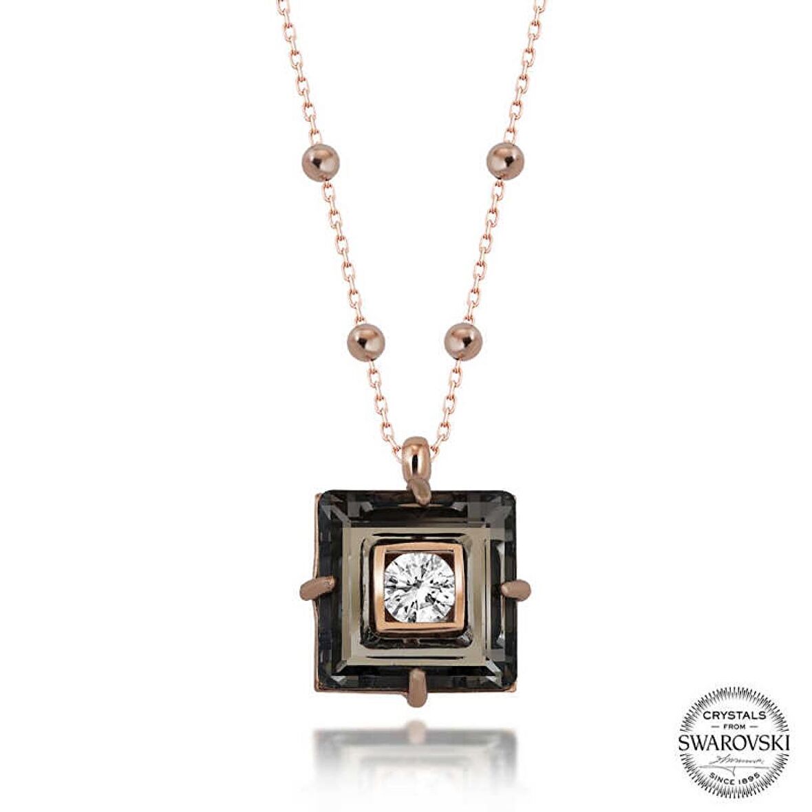 Swarovski Crystal Taşlı Rose Top Zincir Siyah Elmas Lucky Life 925 Ayar Gumuss  Kadın Kolye