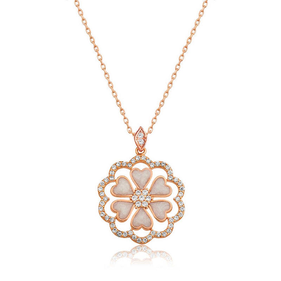 Lucky Life 925 Ayar Gumuss  Rose Kalp Çiçek Bayan Kolye