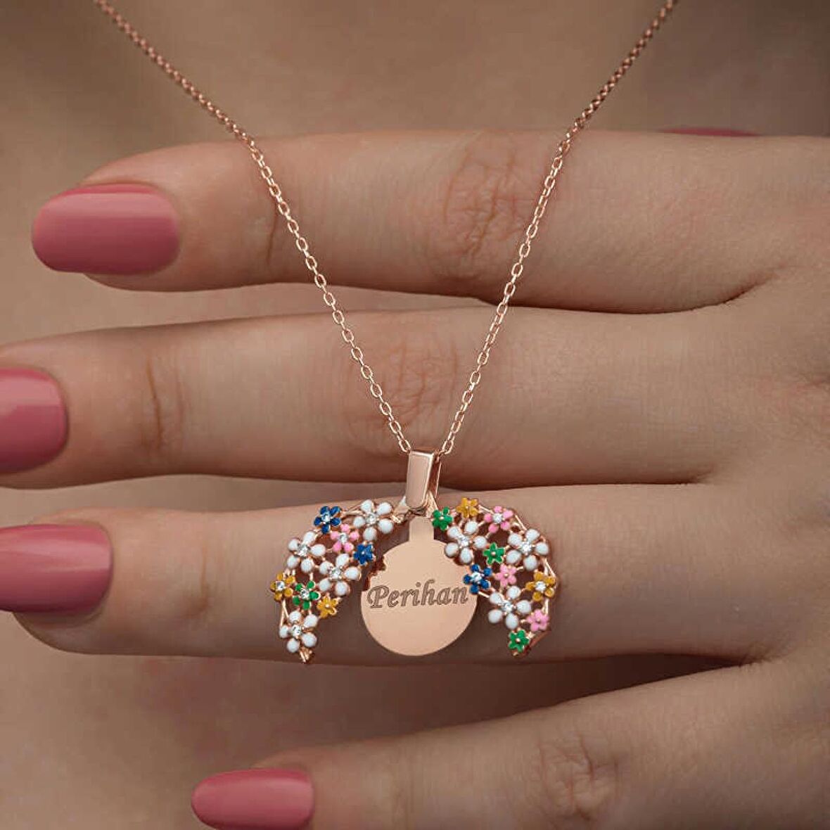 Lucky Life 925 Ayar Gumuss Rose Renkli Çiçek Kişiye Özel Kadın Kolye